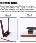 Self Locking Folding Table Leg Brackets With Heavy Duty Hinge And Screws for collapsible shelves showing before and after folding design.