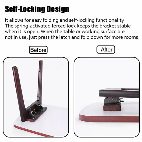 Self Locking Folding Table Leg Brackets With Heavy Duty Hinge And Screws for collapsible shelves showing before and after folding design.