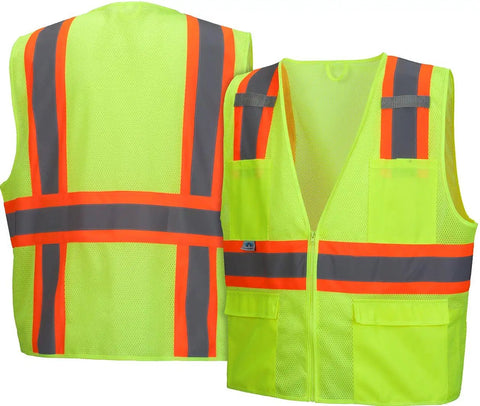 Real Deal High Visibility Mesh Safety Vest With Bold Reflective Tape In Bright Lime Extra Large, front and back view, lightweight, breathable fabric.