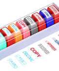 Fresh Out The Box 8 Piece Pre Inked Office Stamp Set With Bold Multicolor Plastic Handles, displaying stamps marked Approved, Paid, Copy, and Confidential.