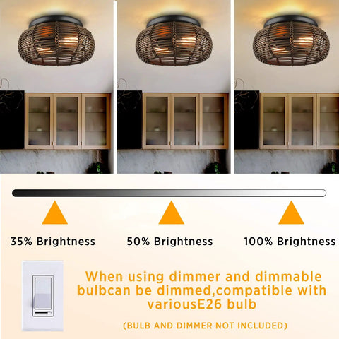 Brightness levels of 2 Light Rattan Ceiling Light 12.6 Inch Semi Flush Mount Handwoven Boho Brown Farmhouse Cage Fixture shown.