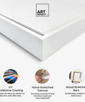 Close-up view of two piece earth tone canvas art set in white frames, hand-stretched over pine wood inner frames, 30 by 30 inches.