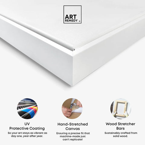 Close-up view of two piece earth tone canvas art set in white frames, hand-stretched over pine wood inner frames, 30 by 30 inches.