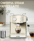Straight Up Retro 20 Bar Espresso Machine With Integrated Milk Frother And ESE Pod Compatible Setup Featuring Pressure Gauge Plus 54 Oz Removable Water Tank For True Coffeeheads brewing espresso with a glass cup.