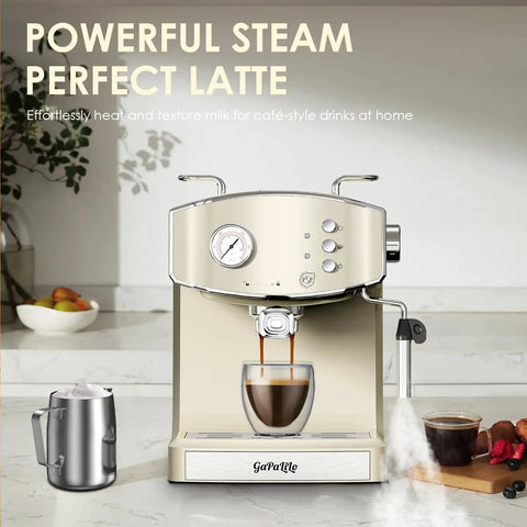 Straight Up Retro 20 Bar Espresso Machine With Integrated Milk Frother And ESE Pod Compatible Setup Featuring Pressure Gauge Plus 54 Oz Removable Water Tank For True Coffeeheads brewing espresso with a glass cup.