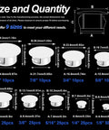 190 Pcs Nylon Plastic Hole Plugs Set Nine Sizes From One Fifth Inch To One Inch Flush Round Plugs Size and Quantity Chart