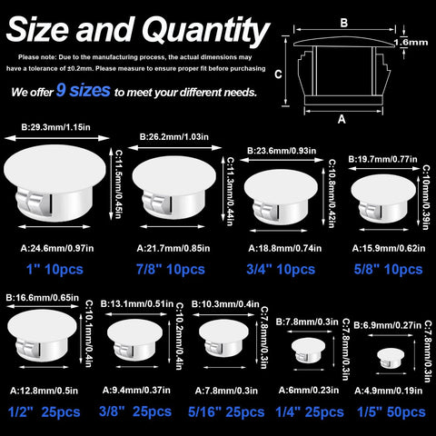 190 Pcs Nylon Plastic Hole Plugs Set Nine Sizes From One Fifth Inch To One Inch Flush Round Plugs Size and Quantity Chart