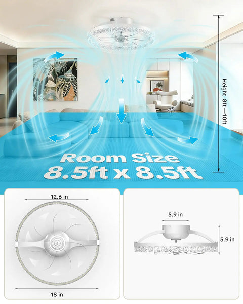 20 Inch Low Profile Fandelier With Integrated Light And Smart App Control, Modern ceiling fan in living room with airflow indicators.