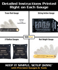 Pro Grade Six Piece Guitar Setup Gauge Tool Set With Stainless Steel Gauges And Printed Instructions Includes Truss Rod Relief Gauges For.006.008.010 And Common Specs For Electric Acoustic Classical And Bass Plus A 24 Page Guide And Storage Case shown with instruction details for truss rod, string action, radius gauges, and nut height setup.