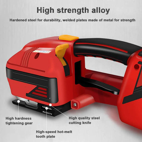 Close-up of Heavy Duty Automatic Strapping Machine Built Tough Electric Banding Tool With 4000Mah Battery, showing high-strength alloy parts.