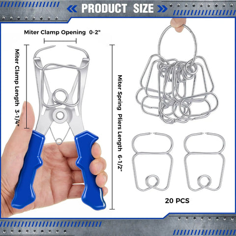 22 Piece Miter Spring Clamps Kit With Spring Loaded Pliers, 20 Clamps And Storage Ring For Woodworking, Trim, Frames And Moldings