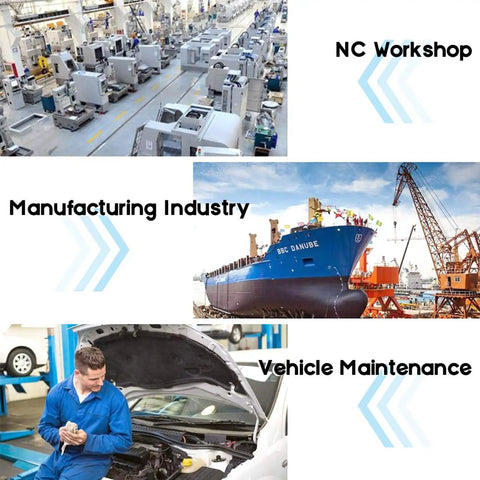 Collage showcasing NC workshop, manufacturing industry with ship, and vehicle maintenance scene.