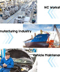 Collage of NC workshop, manufacturing industry with a cargo ship, and vehicle maintenance in a garage with mechanic.