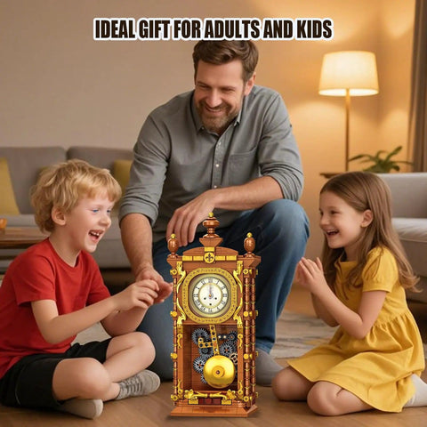 Pendulum Clock Building Blocks Kit For Adults And Kids, 751-Piece LEGO-Compatible Set with real clock feature displayed in living room