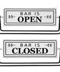 Smooth Flipping Open Closed Sign, Handmade Metal Counter Decor For Your Cozy Home Bar Or Office Coffee Spot With Black Stand And Embossed Lettering, displaying open and closed options.