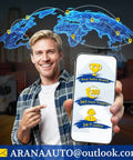 Smiling man holding smartphone displaying services with global map and contact email overlaid