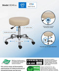 Ergonomic Adjustable Height Stool For Beauty Salons And Medical Spa With Plush Beige Cushioning, chrome base, and gas lift.