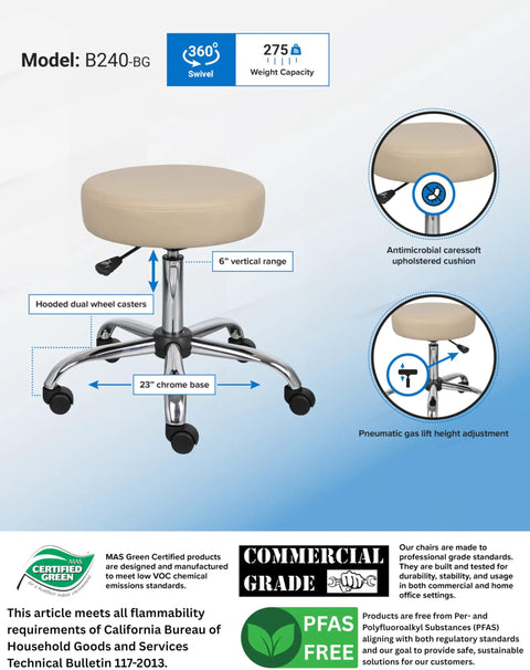 Ergonomic Adjustable Height Stool For Beauty Salons And Medical Spa With Plush Beige Cushioning, chrome base, and gas lift.