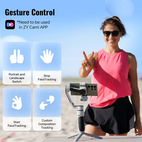 Woman using CQ5 Combo 3-Axis Phone Gimbal With AI Face Tracking Fill Light at the beach, showing gesture control.