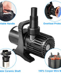 Smart Submersible Pond Pump 1800 GPH 100W Quiet Waterfall Fountain with features labeled: portable handle, overheat protection, durable ceramic shaft, 100% copper wire motor, shown in black, suitable for small ponds and patio use.