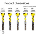 Top Shelf 5 Piece Forstner Drill Bit Set With Snag Free Hex Shank And Rugged Tungsten Carbide Tips dimensions diagram showcasing sizes.
