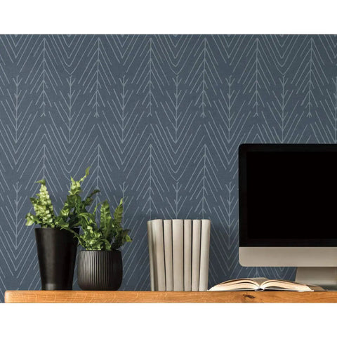 Navy and gray twig hygge herringbone peel and stick wallpaper for easy rental makeovers 20.5 inch wide by 16.5 feet long