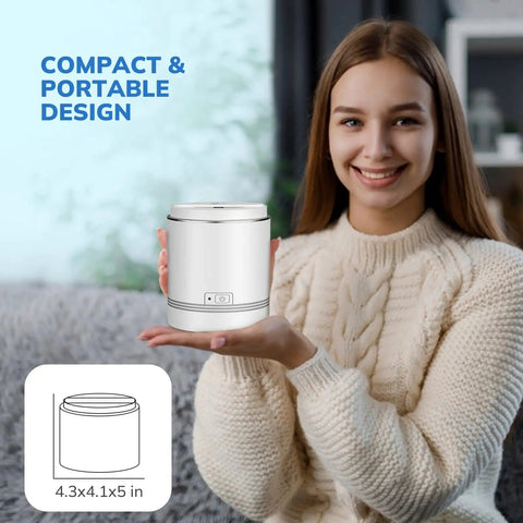 Woman holding Portable Ultrasonic Jewelry Cleaner 42kHz 7.4 Oz 220ml Deep Cleaning Machine for Dentures Retainers Aligners