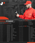Man in red uniform checking compatibility list for Front Door Lock Actuator Driver Side For Chevy Silverado Suburban Tahoe Avalanche GMC Sierra Yukon Cadillac Escalade Front Left Direct Fit With Keyless Entry Compatible Easy Install Durable Auto Lock Component.