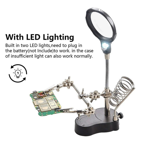 3.5X12X Helping Hands Soldering Station with LED Light and Alligator Clips, Magnifier Stand for PCB Repair and Jewelry Craft