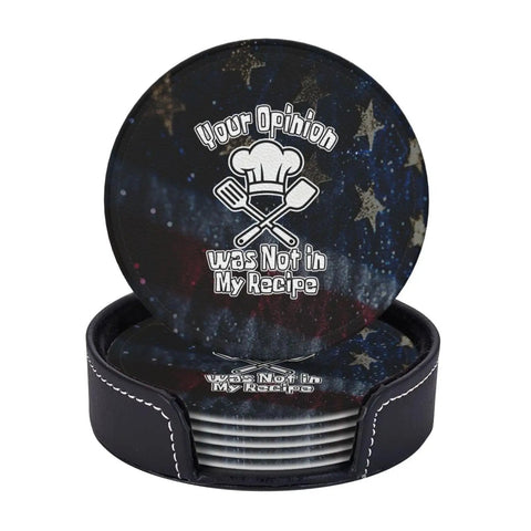 Leather Coasters Set Six Pieces With Holder For Home Bar Office Weddings And Parties Premium Microfiber PU Leather Drink Coaster Set For Table Protection And Stylish Decor, showing round coasters with holder and inscription.