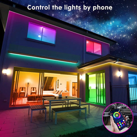Ultra Long RGB LED Strip Lights 130ft Two Rolls Of 65ft Each With App Control Music Sync on house exterior at night