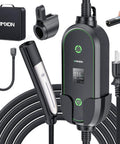 Top Shelf Level 2 And Level 1 Electric Vehicle Charger For Tesla Mobile Charging, portable adapter with digital display and 25 ft cable.