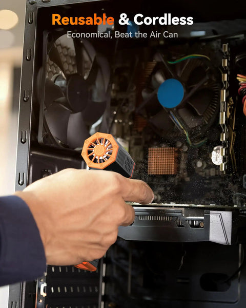 Person using MegaFlow 50 Compressed Air Duster With 110000 RPM Turbo Power 3 Gear Adjustable Mini Blower inside a PC case