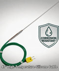 K-type thermocouple probe with 12-inch stainless steel rod and 47-inch green silicone cable