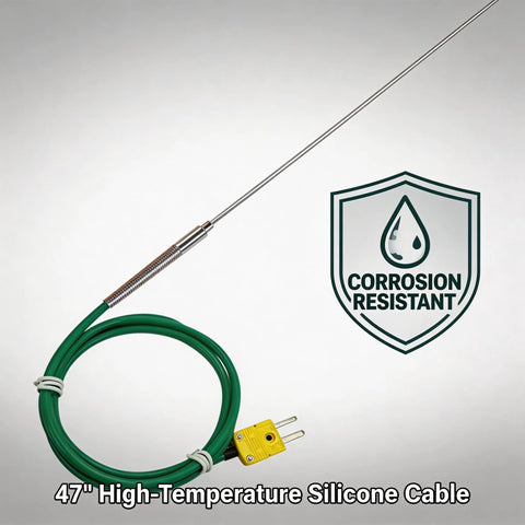K-type thermocouple probe with 12-inch stainless steel rod and 47-inch green silicone cable