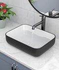 Rectangular Vessel Sink Dope Black And White Finish, 20 By 15 Inches, Above Counter Ceramic Porcelain Vanity Basin on marble countertop.