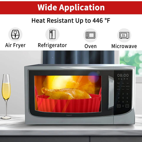 Two Pack Air Fryer Silicone Liners 8.5 Inch Fits 5 To 8 Qt Reusable Basket Liner in red, shown in microwave with chicken