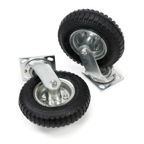 Heavy Duty Four Pack Eight Inch Pneumatic Air Tire Casters With Two Rigid And Two Swivel Wheels For Farm Cart visible close-up of swivel and rigid units.