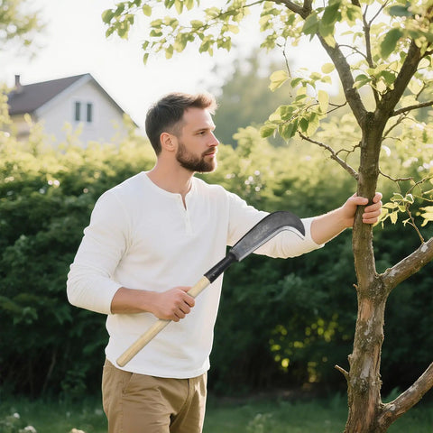 Man trimming tree with 22 Inch Steel Machete For Heavy Duty Yard Work And Tree Cutting Beast Ready All Purpose Garden Clearing Tool With Wooden Handle Pruning Trimming Harvesting Tall Grass And Rugged Carbon Steel Blade