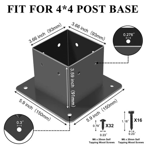 4x4 Post Base Set Of 4 Heavy Duty Steel Brackets With Black Powder Coat Post Anchors For Decks Porches Railings And Pergolas Inner Size 3.5 By 3.5 Inches Built Tough For Sturdy Support