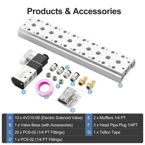 Ten Station Solenoid Valve Manifold For Pneumatic Systems, 12V DC 5 Way Valve, manifold base, mufflers, fittings, and tape