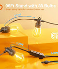 96ft LED outdoor string lights with 30 bulbs, close-up showing durable wiring and shatterproof bulbs on a yellow background.