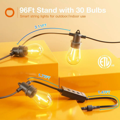 96ft LED outdoor string lights with 30 bulbs, close-up showing durable wiring and shatterproof bulbs on a yellow background.