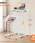 Adjustable Standing Desk With Tilted Tabletop For Home Office Portable Sit Stand Laptop Desk Foldable And Ergonomic Height 30.7 To 46.4 Inches White with dimensions and laptop.