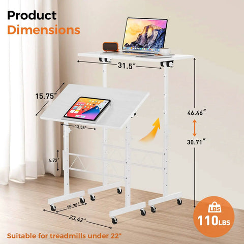 Adjustable Standing Desk With Tilted Tabletop For Home Office Portable Sit Stand Laptop Desk Foldable And Ergonomic Height 30.7 To 46.4 Inches White with dimensions and laptop.