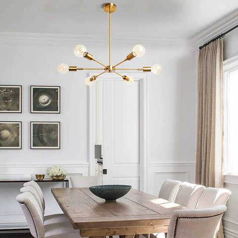 6 Light Sputnik Chandelier In Modern Gold Brushed Brass Mid Century Pendant Light Semi Flush Mount Rotatable 180 Degree Lamp Cups For Dining Kitchen Living Room Bedroom Lighting