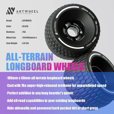 All-Terrain Longboard Wheels 100mm 65mm Urethane 78A High Rebound for Electric Skateboards labeled specs