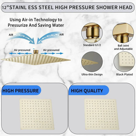 High Pressure 12 Inch Square Shower Head In Stainless Steel With Ultra Thin Brushed Gold Finish and Adjustable Ball Joint Features
