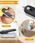 Super Slick Mini Heat Sealer With Built In Cutter That Reseals Chip Bags Smoothly showing sealing and cutting features in black and gray.