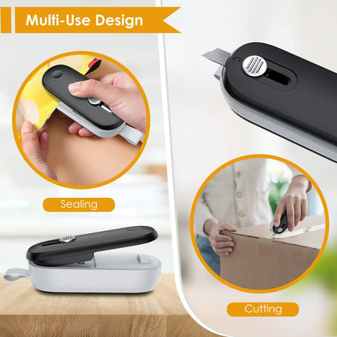 Super Slick Mini Heat Sealer With Built In Cutter That Reseals Chip Bags Smoothly showing sealing and cutting features in black and gray.